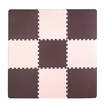 Interlocking Foam Tiles, Superjare 9 Tiles (9 tiles = 9 sq.ft) EVA Puzzle Mat, with End Borders Beige and Brown