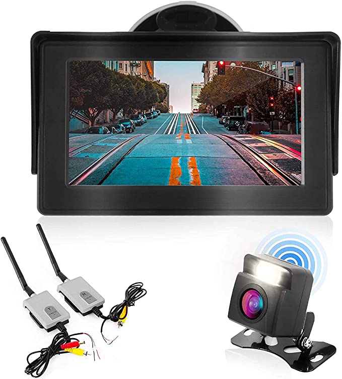 Wireless Backup Rear View Camera - Waterproof Car Parking Rearview Reverse Safety/Vehicle Monitor System w/ 4.3” Video Color LCD Display Screen, Distance Scale Lines, Night Vision - Pyle PLCM4580WIR