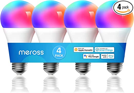 Smart Light Bulb, meross Smart WiFi LED Bulbs Compatible with Apple HomeKit, Siri, Alexa, Google Assistant and SmartThings, Dimmable E26 Multicolor 2700K-6500K RGBCW, 810 Lumens 60W Equivalent, 4 Pack
