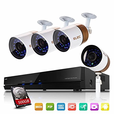 ELEC 4CH 960H HDMI DVR Security Camera System 4 Channel Outdoor CCTV Video Recorder Surveillance System, Night Vision IR Cut, Mobile Phone Remote View, with 500GB Hard Drive Pre-installed