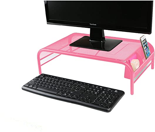 Mind Reader MESHM-PNK Metal Mesh Monitor Stand and Desk Organizer with Side Compartment, Pink