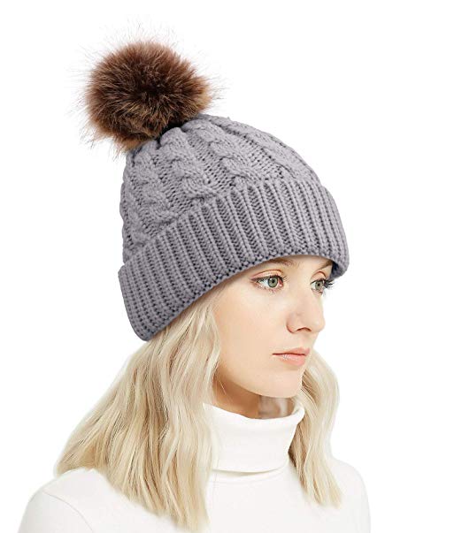 Lullaby Winter Rib-Knit Beanie Chunky Baggy Hat for Women Snow Cable Knit Skull Ski Cap with Faux Fur Pompom