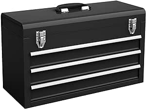 Goplus Tool Box, Portable 20” Tool Boxes with 3 Drawers, Top Tool Tray, Metal Lock Latch, Protective Liner, Auto Locking, Heavy Duty Steel Toolbox for Garage, Workshop, Mechanic