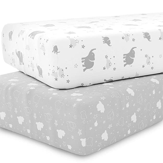 Crib Sheet Set Unisex- Universal Fitted Crib Sheets for Standard Baby or Toddler Mattress - 2 Pack - White Sheets - Jersey Knit Cotton - Super Soft and Safe for Babies Elephants, Stars, & Clouds