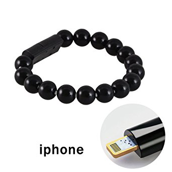 Asltoy Lightning Cable Magnetic Bracelet Charging Line USB Charging Cable Data Charging Cords for iPhone 7/6/6 Plus/5S Beads Hand Chain (iPhone Black)