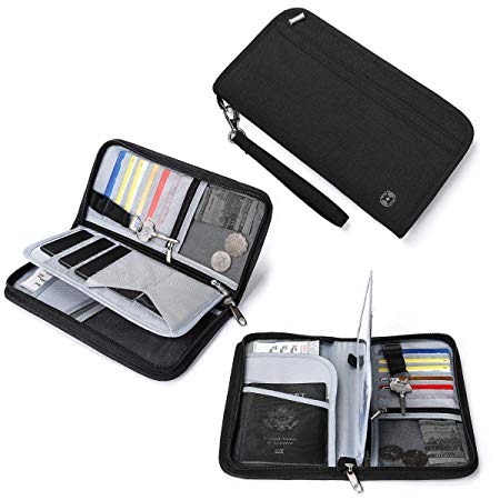 Vemingo Travel Wallet Family Passport Holder RFID Blocking Document Holder & Organizer for Passports, ID Cards, Credit Cards, Flight Tickets, Money and Other Travel Accessories (Black)