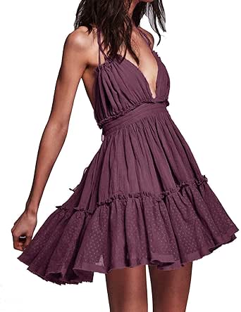 R.Vivimos Womens Summer Halter Deep V Neck Sexy Patchwork Mini Short Dresses