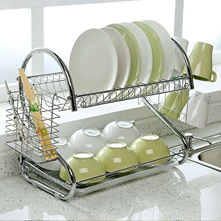 2-Tier Dish Rack and DrainBoard, 20" x15.35 x10.2" Kitchen Chrome Cup Dish Drying Rack Tray Cultery Dish Drainer