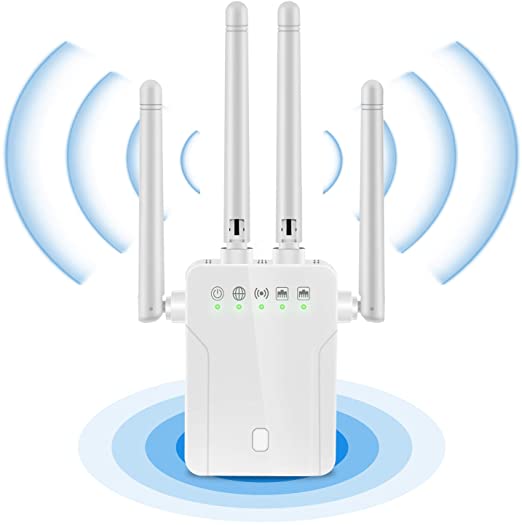 1200Mbps WiFi Booster Range Extender, Dual Band 2.4 & 5GHz WPS Wireless Signal Repeater 4 High-Gain Antennas 360° Full Coverage, Extend WiFi Signal to Alex Devices