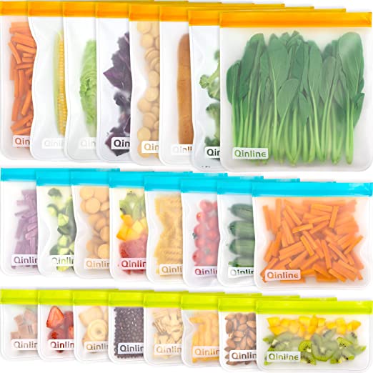 Reusable Food Storage Bags - 24 Pack BPA FREE Flat Freezer Bags(8 Reusable Gallon Bags   8 Leakproof Reusable Sandwich Bags   8 Food Grade Kids Snack Bags) Resealable Lunch Bag for Meat Fruit Veggies