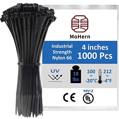 Black Zip Ties 4 Inch, 1000 Pcs Cable Ties, Small Plastic Wire Ties for Cable Management, Chicken Wire, Bird Netting and Garden Fence by MoHern