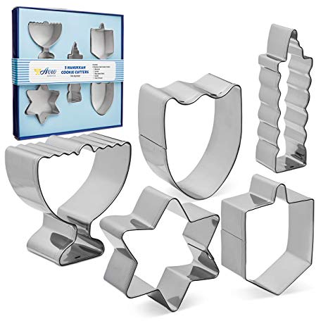 Aviv Judaica Hanukkah Cookie Cutters Set Stainless Steel Cookie Cutters - 5 Fun Cookie Molds Chanukah Shapes - Menorah - Dreidel - Candle - Maccabee Shield - Star of David