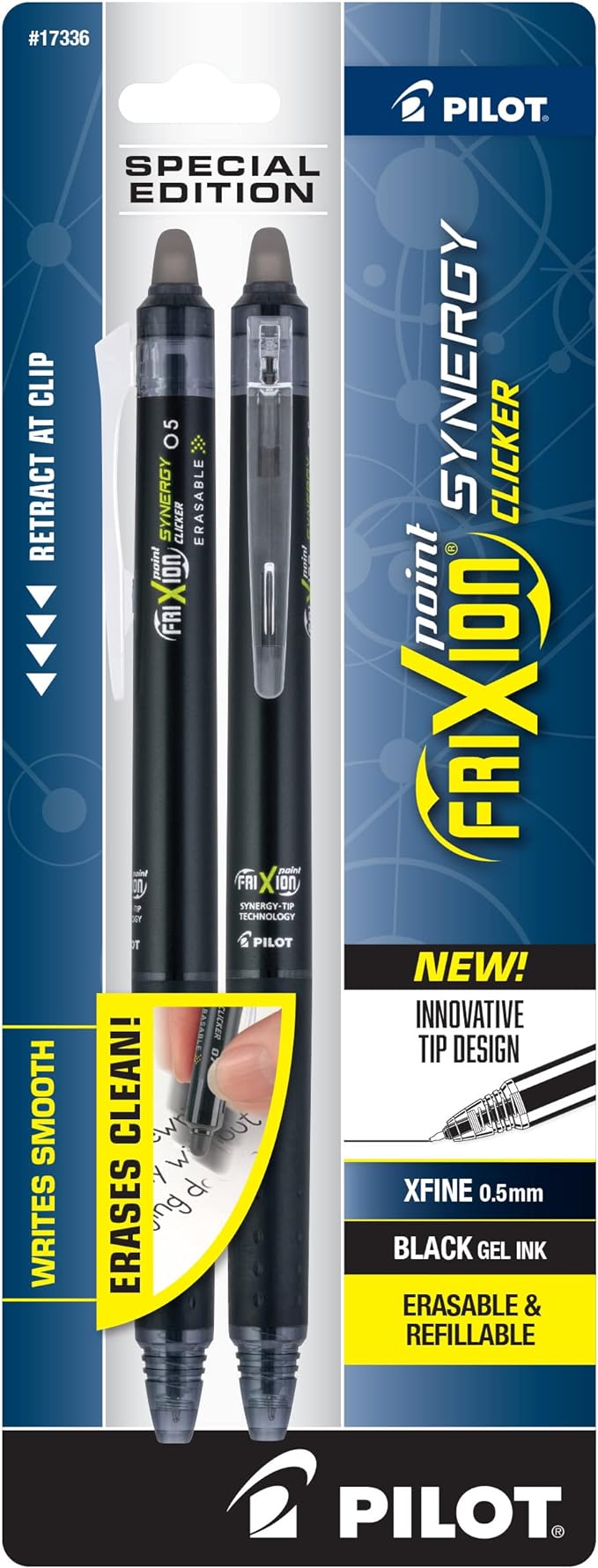 PILOT FriXion Synergy Clicker Erasable Retractable & Refillable Gel Pens, 0.5mm Extra-Fine Point, Black Barrel, Black Ink, Pack Of 2 Pens