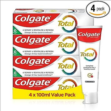 Colgate Total Original Toothpaste (4 x 100 ml), 24 Hour Antibacterial Toothpaste, Complete Protection for Your Whole Mouth, Protects Against Cavities, Contains Fluoride, Strengthens Enamel
