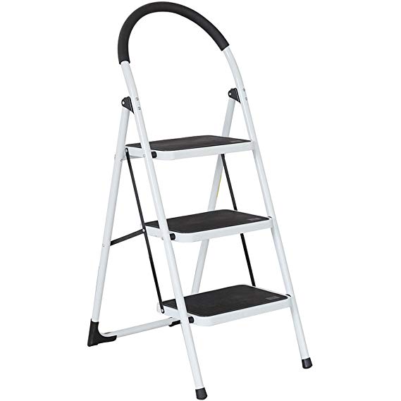 Karmas Product Portable Folding 3 Step Ladder Steel Stool with Handgrip 330lb Capacity Fully Assembled