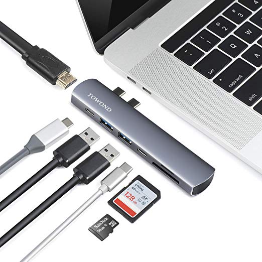 Towond Aluminum Dual USB C Hub Adapter,7 in 1 Type C Dongle with 4K HDMI Video,USB-C PD,2 USB 3.0 Ports for 2016/2017/2018 MacBook Pro,MacBook Air 2018 and More(Space Gray)