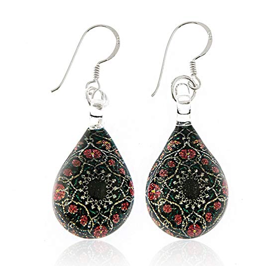 925 Sterling Silver Glass Jewelry Black Pink Flower Mandala Design Dangle Hook Earrings