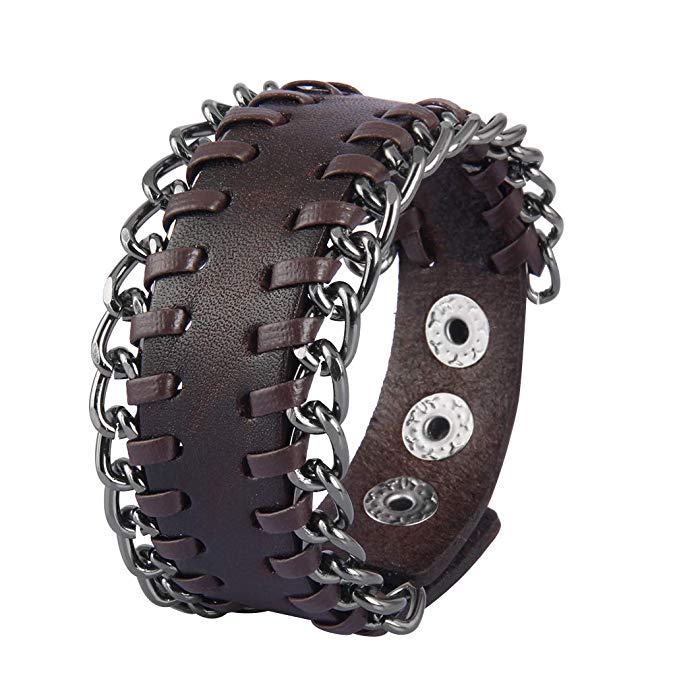Jenia Genuine Leather Cuff Bracelet Punk Braided Bracelets Rock Leather Wristbands Adjustable Belt Wrap Bracelet Handmade Jewelry for Men, Boy, Kids, Biker, Women