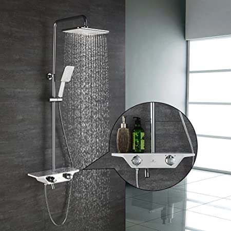 HOMELODY Thermostatic Mixer Shower, 3-function storage thermostatic showers, Shower System with Rainfall Shower and Handheld Shower, Shower Set Bath Shower Mixer Chrome