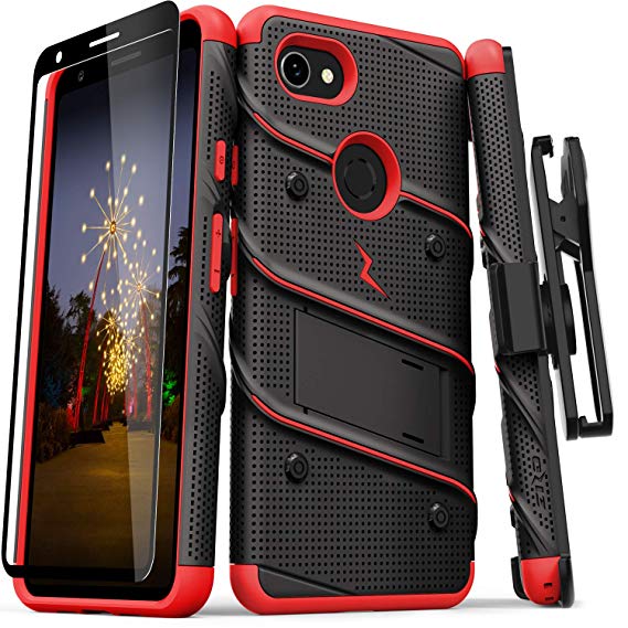 ZIZO Bolt Series Google Pixel 3a XL Case | Heavy-Duty Military-Grade Drop Protection w/Kickstand Included Belt Clip Holster Tempered Glass Lanyard (Black/Red)