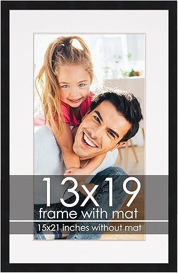 13x19 Black Frame with White Mat - Black 15x21 Frame Wood Made to Display Print or Poster Measuring 13 x 19 Inches with White Photo Mat