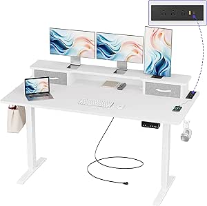 JOISCOPE 55 Inch Electric Standing Adjustable Height Desk with Double Drawer, Home Office Computer Gaming Desk with Storage Shelf and Power Outlets, Sit Stand Desk, White