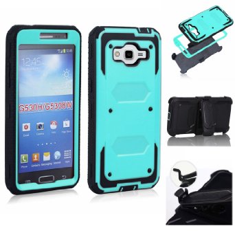 Grand prime Case,Galaxy G530 Case,LUOLNH Heavy Duty Shockproof Durable Full Body Protection Rigged Hybrid Case with belt clip holster and Kickstand for Samsung Grand Prime G530H/G5308W(Aqua)