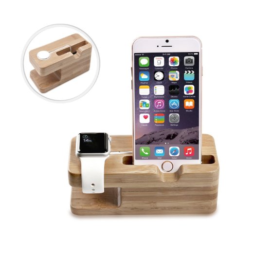 [Lifetime Hassle-Free Warranty] Dual Charging Station for Apple Watch & iPhone, MoKo Portable Bamboo Wood Charging Dock Stand Storage Holder for Apple iWatch 38mm / 42mm, iPhone SE / 6 / 6 Plus / 5S