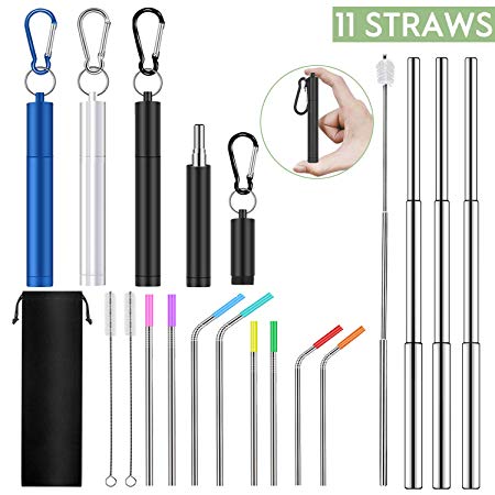11PCS Collapsible Reusable Stainless Steel Drinking Straws Set, 3 Telescopic Metal Straws with Cases, 8 Dishwasher Safe Long Straws for 30oz 20oz Tumbler Cups, Include Cleaning Brushes & Silicone Tips