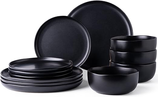 AmorArc Ceramic Dinnerware Sets, Wavy Rim Stoneware Plates and Bowls Sets, Highly Chip and Crack Resistant | Dishwasher & Microwave & Oven Safe Dishes set, Service for 4 (12pc)-Matte Black