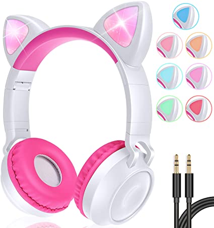 GBD Wireless Cat Ear Kids Headphones with Mic for Girls Boys Teens School Travel Tablet Holiday Birthday Gifts Led Glowing Headphones Foldable Volume Limited On Over Ear Game Headset (Pink)