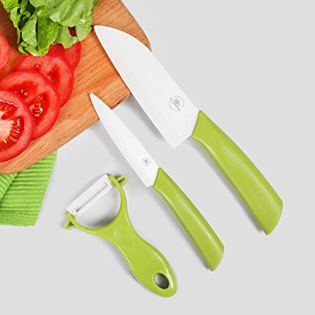 Kitchen Academy Ceramic Knife Set 3-Piece (Includes 5.5-inch Santoku Knife, 4-inch Paring Knife, 1 Peeler), Ultra Sharp Kitchen Chef Knife Set(Green)