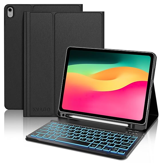 KVAGO iPad 10th Generation Case with Keyboard 10.9 inch 2022, iPad 10th Gen Keyboard, 7 Color Backlit, Detachable Wireless, Bluetooth Keyboard, Built-in Pencil Holder, Smart Folio Case, Black