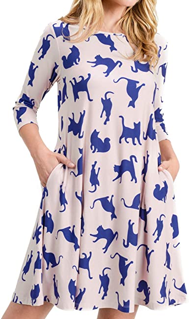 Women’s Printed Crew Neck A-Line Dresses with Pockets Casual Tropical Floral Novelty Animal Christmas Patterns