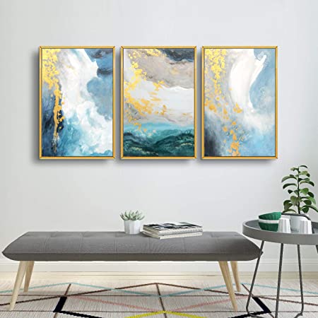 ARTLAND Teal Abstract Wall Art 3 Pieces with Turquoise Gold Marble Framed Art Wall Decor for Home Decor Living Room Bedroom Office Stretched and Framed Ready to Hang 24x48 inches