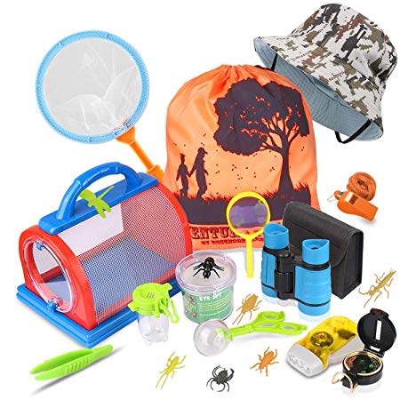 Outdoor Explorer Kit & Bug Catcher Kit with Binoculars, Flashlight, Compass, Magnifying Glass, Backyard Exploration Critter Case, Butterfly Net and Backpack Great Children’s Toy Boys Girls Kids Gifts