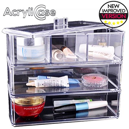 Clear Stackable Acrylic Jewelry Organizer, Arranges Makeup and Accessories, 3 Trays, Cosmetic Storage Display Box, By AcryliCase