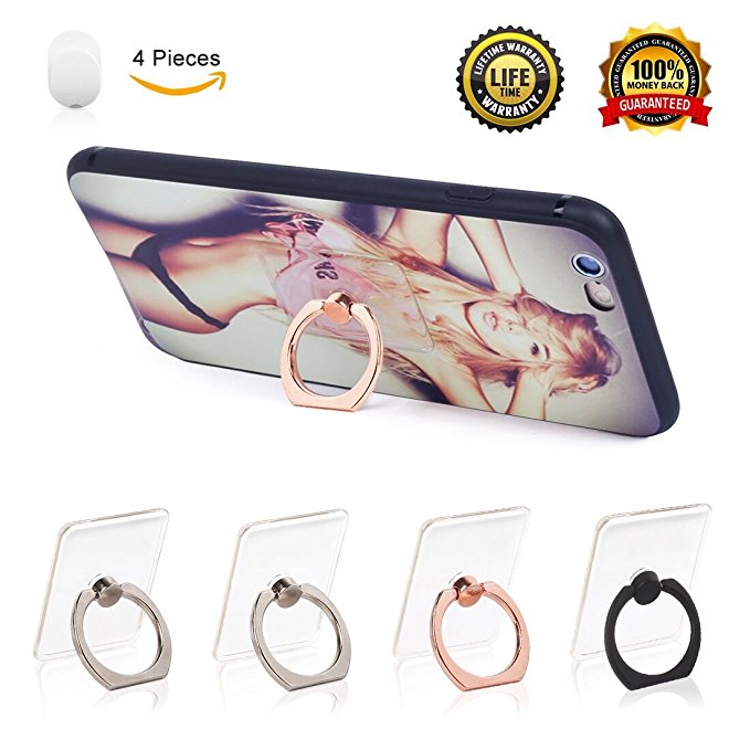 Cell Phone Ring Holder 360 Degree Rotation and 180 °Flip Transparent Finger Ring Stand Holder Kickstand for iPhone,Samsung Galaxy, Smartphones and Tablet Phone Case Set of 4 with Car Phone Hook
