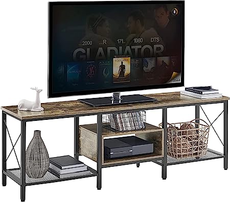 VECELO Industrial TV Stand for 70 Inch Television Cabinet 3-Tier Console with Open Storage Shelves, Entertainment Center Metal Frame for Living Room, Bedroom, 63 Inch, Brown