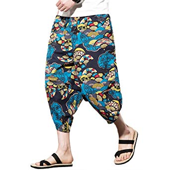 INVACHI Men's Elastic Waist Wide Leg Cotton Harem Baggy Pants Patchwork Linen Capri Trousers Available XS-4XL