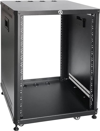 RIVECO POMU 15U Network & Stereo Rack with Caster Wheels, Rolling Server Rack Open Cabinet for 19-inch Audio Video Musical & IT Equipment Mounting, Round & Square Holes, Build in Handles Heavy Duty