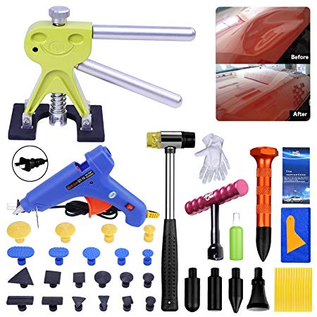 FLY5D easiest paintless auto body and appliance dent removal repair kit,Silde Hammer Dent Lifter Glue Puller Sets with Tool Bag for Car Body Dent Repair