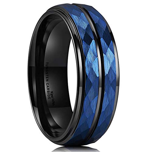 King Will Hammer 8mm Blue Hammered Tungsten Carbide Ring Black Two Tone Wedding Band Groove Step Edge