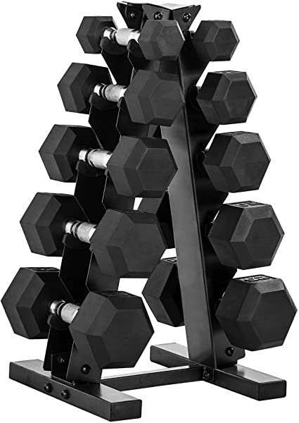 Cap Barbell 150 LB Coated Hex Dumbbell Weight Set with Vertical Rack, Black, New Edition