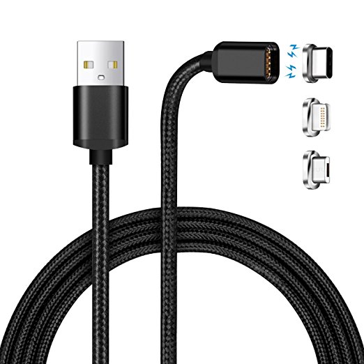 Magnetic Charging Cable J2CC Data Cable with Micro USB Lightning Type C USB Magnetic C 3 in 1 Charging Data Adapter with 1 Magic Cable Holder for Android iPhone Samsung Galaxy 3.28FT 2.4A