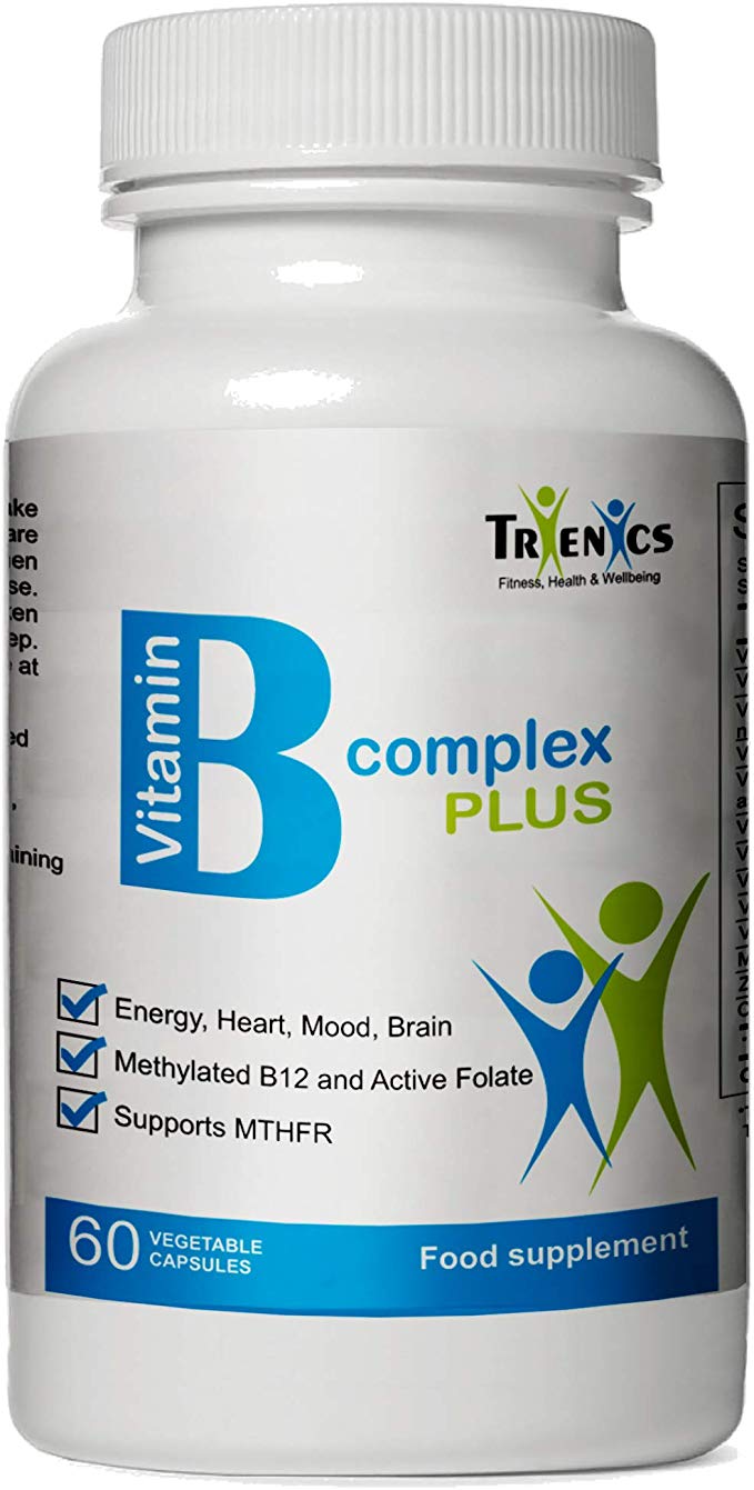 High Strength Vitamin B Complex PLUS – active Folate, Methylcobalamin B12, B5, B6 plus Vit C, D3, Magnesium, Zinc & Choline | for Energy, Heart, Mood & Brain Function, 60 capsules vegan