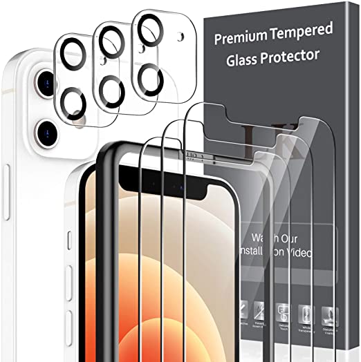 [6 Pack] LK 3 Pack Screen Protector   3 Pack Camera Lens Protector for iPhone 12 (6.1") 5G, Tempered Glass, [Easy Frame Installation] HD Ultra-Thin, Anti-Scratch