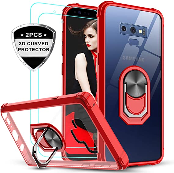 LeYi Samsung Galaxy Note 9 Case with 3D Curved Screen Protector [2 Pack], [Military Grade] Clear Crystal Protective Phone Cover Case with Magnetic Ring Car Mount Kickstand for Samsung Note 9, Red