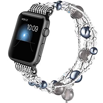 Gaishi Band Compatible with Apple Watch 42mm 44mm, Women Girl Elastic Handmade Pearl Bracelet Replacement for 42mm Apple Watch Series 5 4 3 2 1, Black