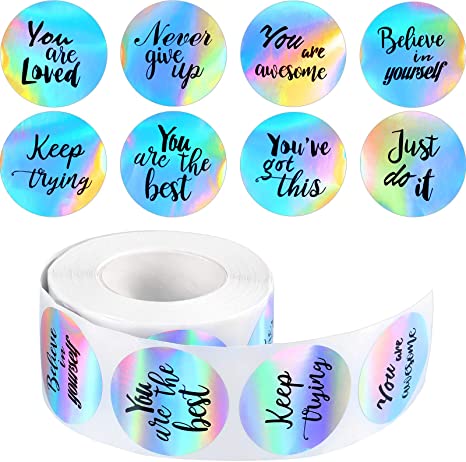 500 Pieces Laser Inspirational Words Stickers Motivational Quote Stickers Inspiring Planner Stickers Holographic Rainbow Encouraging Stickers Round Label Sticker for Book Phone Car Scrapbook, 1.5 Inch